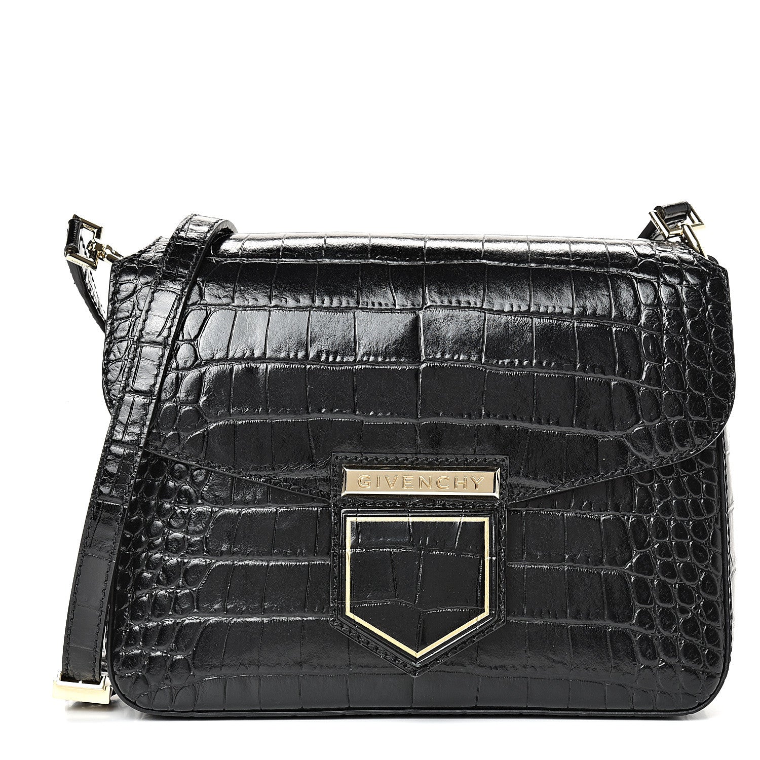 Givenchy Calfskin Crocodile Embossed Small Nobile Shoulder Bag Black 1 of 12