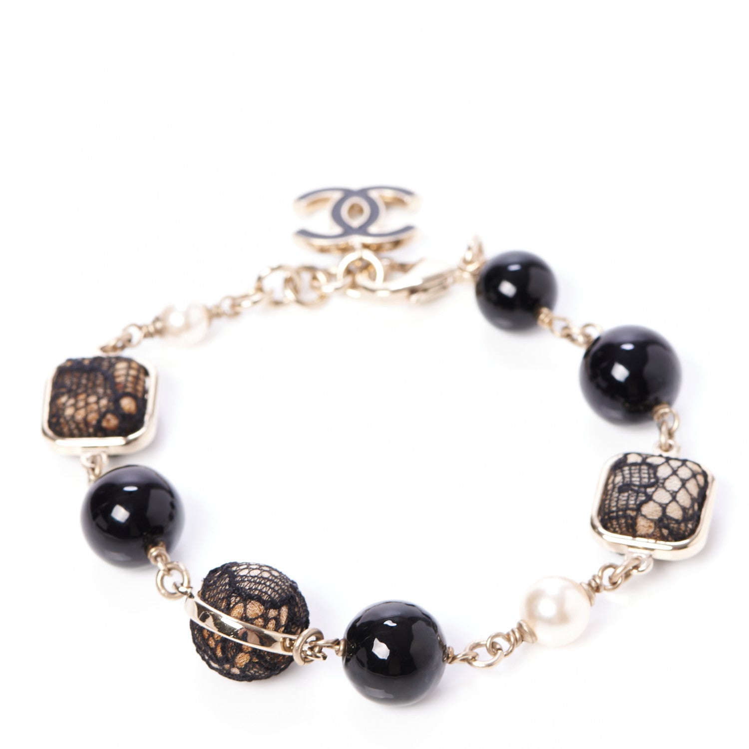 Chanel Lace Pearl Beaded CC Bracelet Black Gold 2 of 5