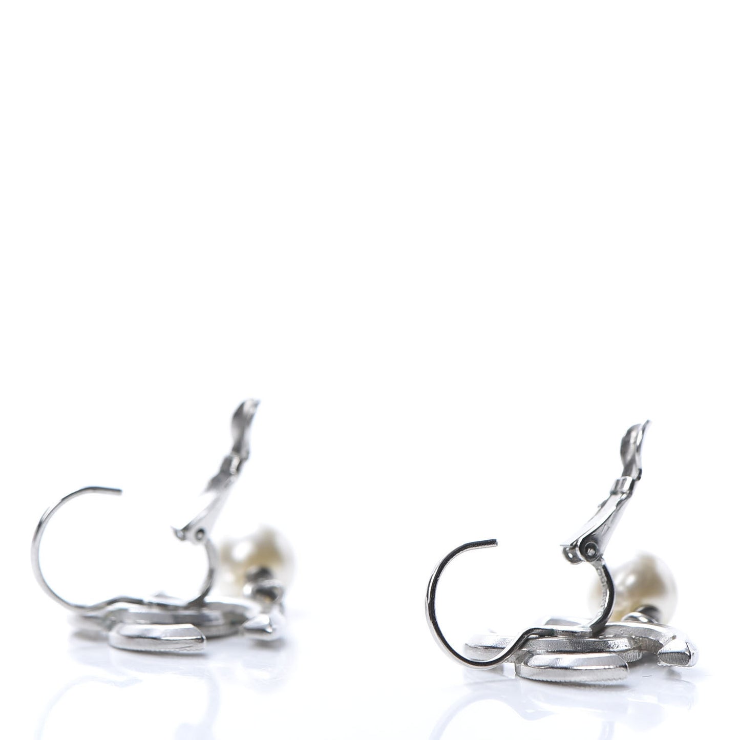 Baguette Crystal Pearl CC Drop Earrings Silver