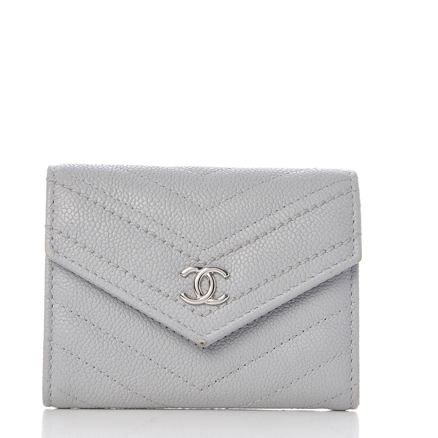 Caviar Chevron Quilted Card Holder Flap Wallet Grey