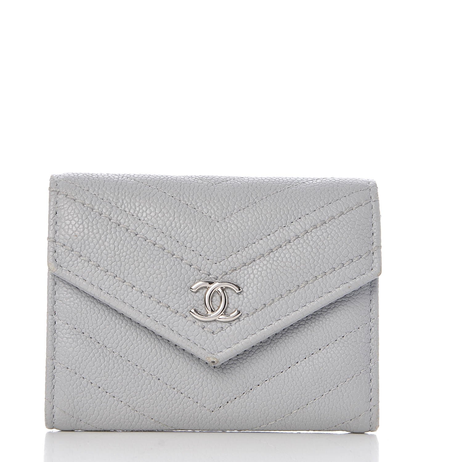 Chanel Caviar Chevron Quilted Card Holder Flap Wallet Grey 1 of 9