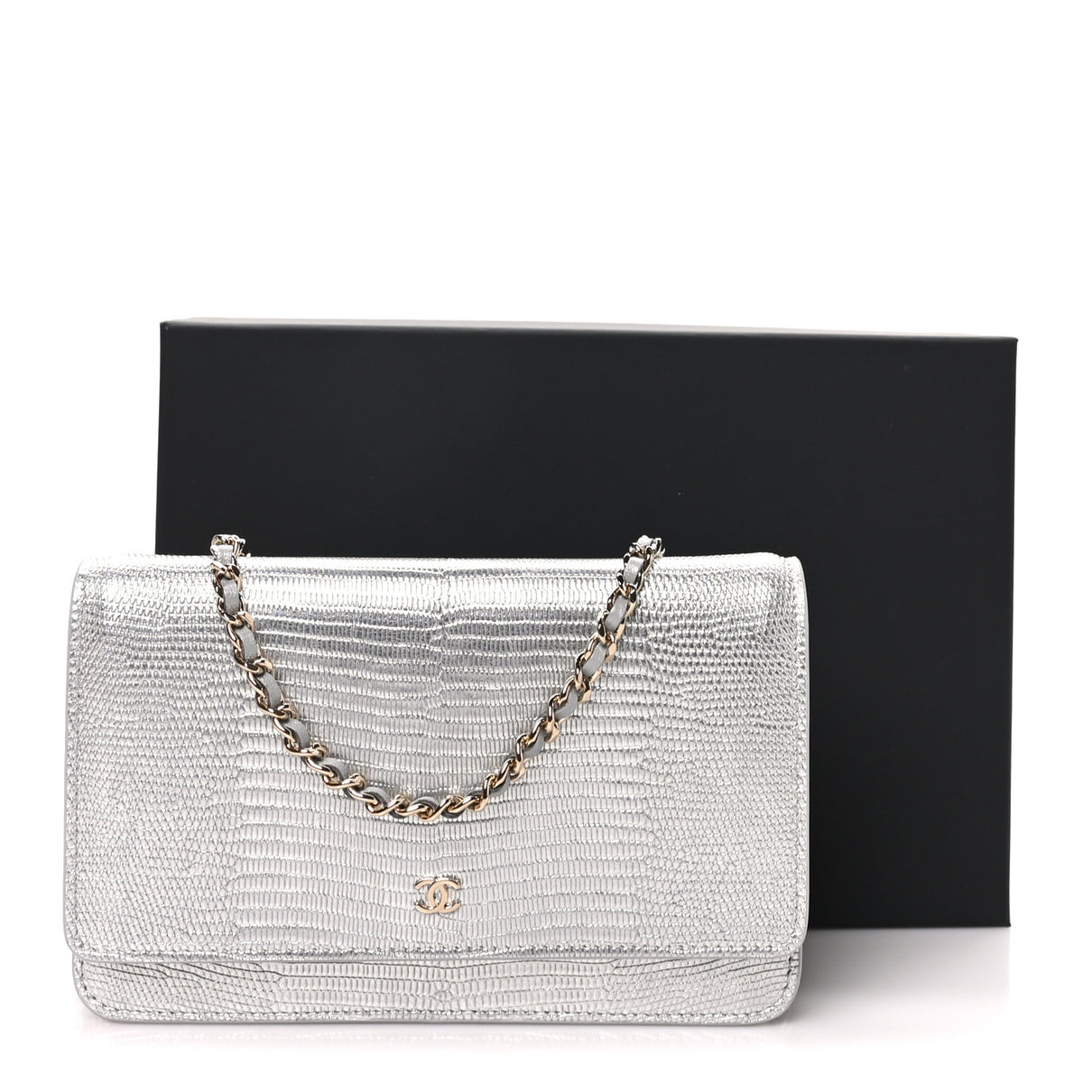 Calfskin Lizard Embossed Wallet on Chain WOC Silver