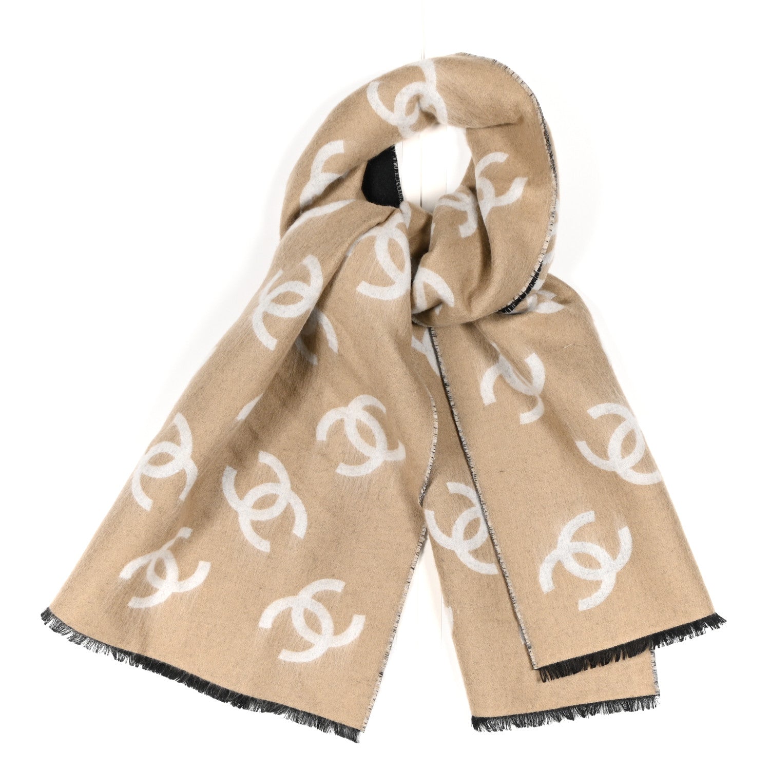 Chanel Cashmere Logo Stole Fringe Beige Black 1 of 4