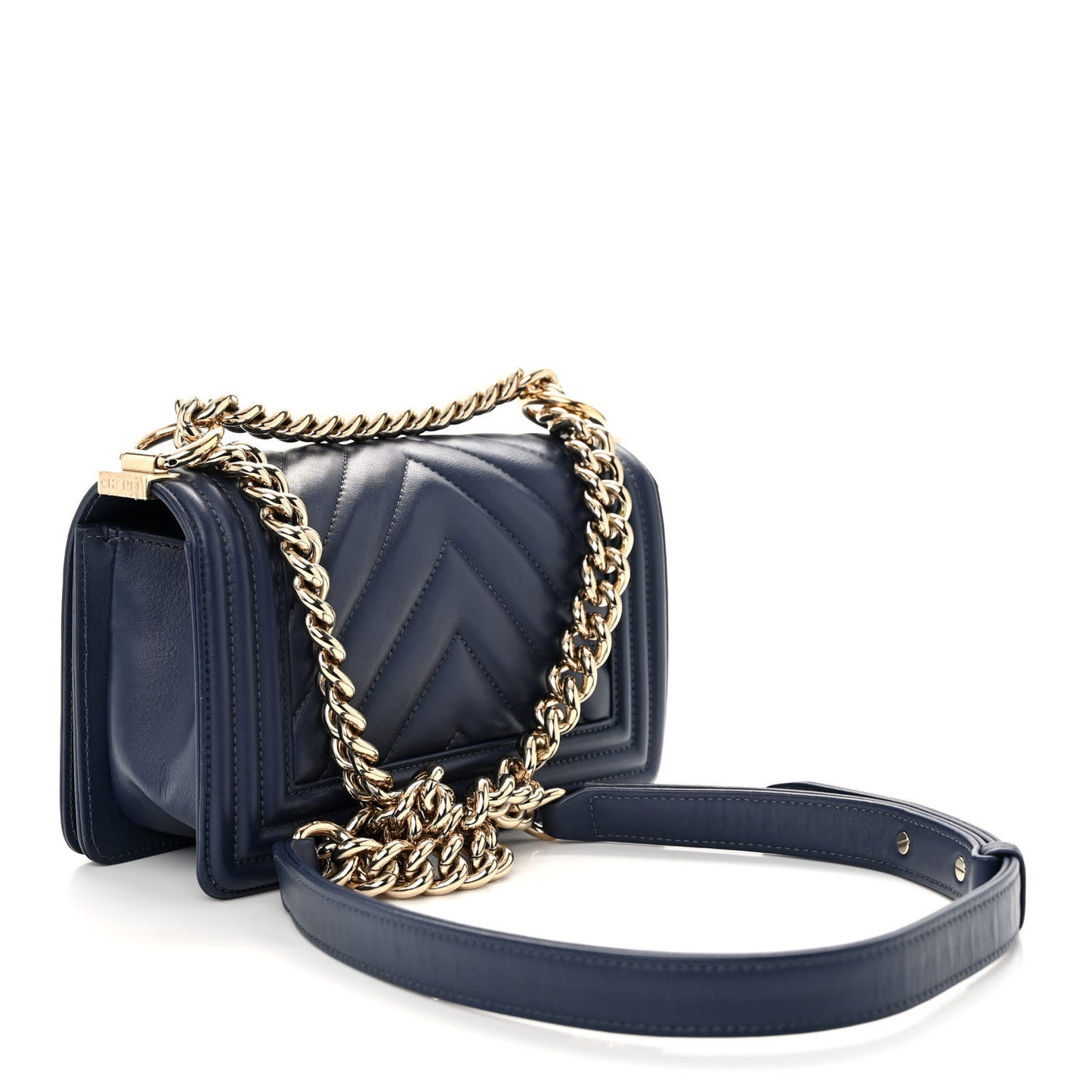 Calfskin Chevron Quilted Small Boy Flap Navy
