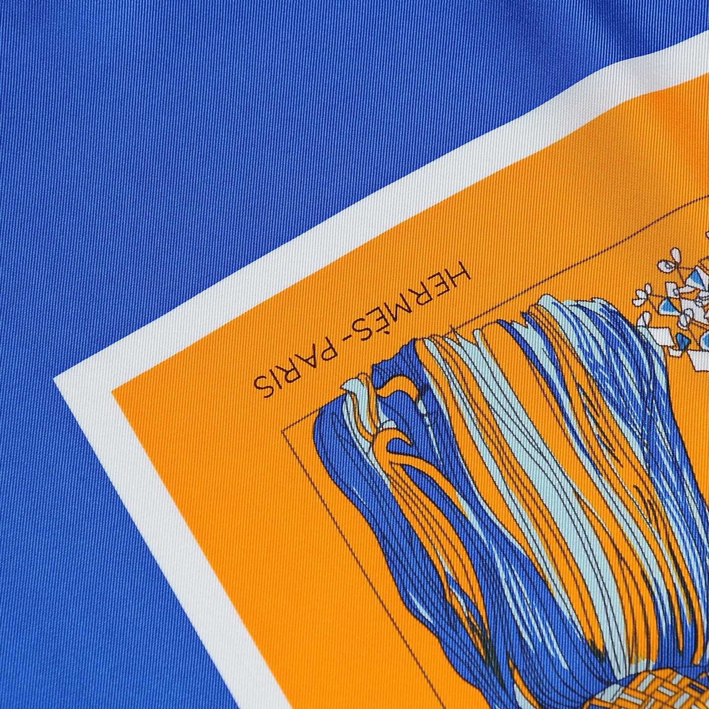 Silk Passementerie Quadri Scarf 90 Bleu Dur Rose Vif Orange