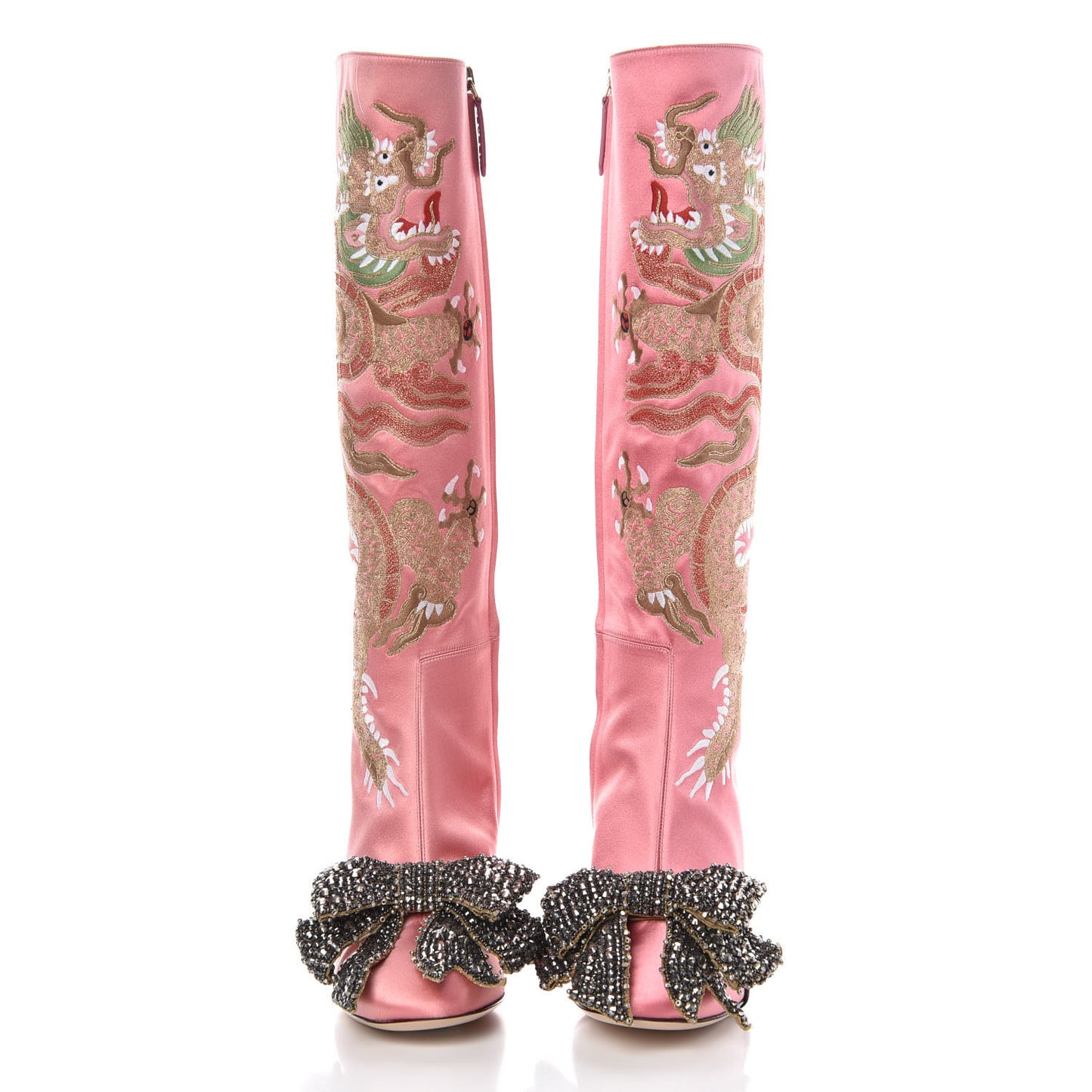 Silk Satin Malaga Kid Embroidered Candy Dragon Block-Heel Knee Boot 38 Glossy Pink