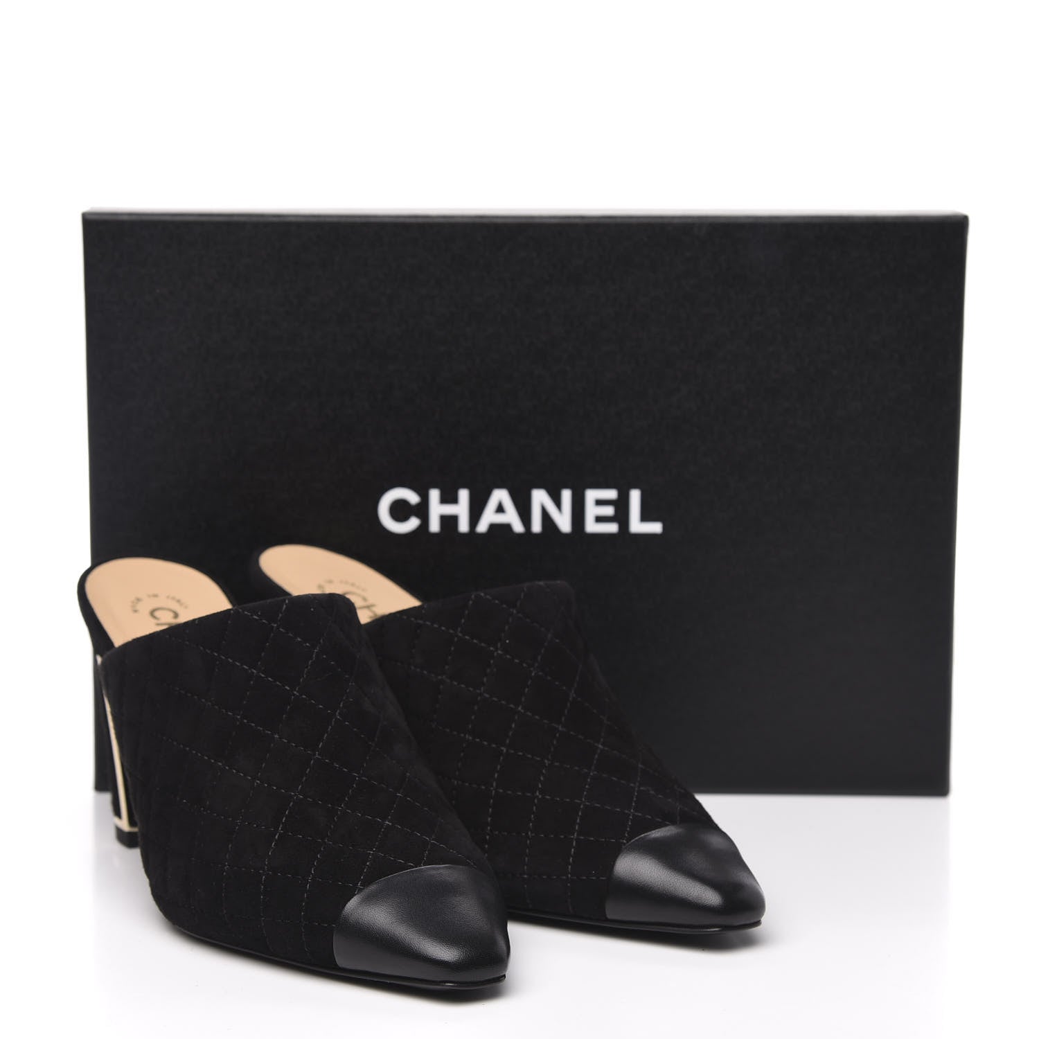 Chanel Suede Lambskin Quilted Cap Toe Mules 38 Black 9 of 9