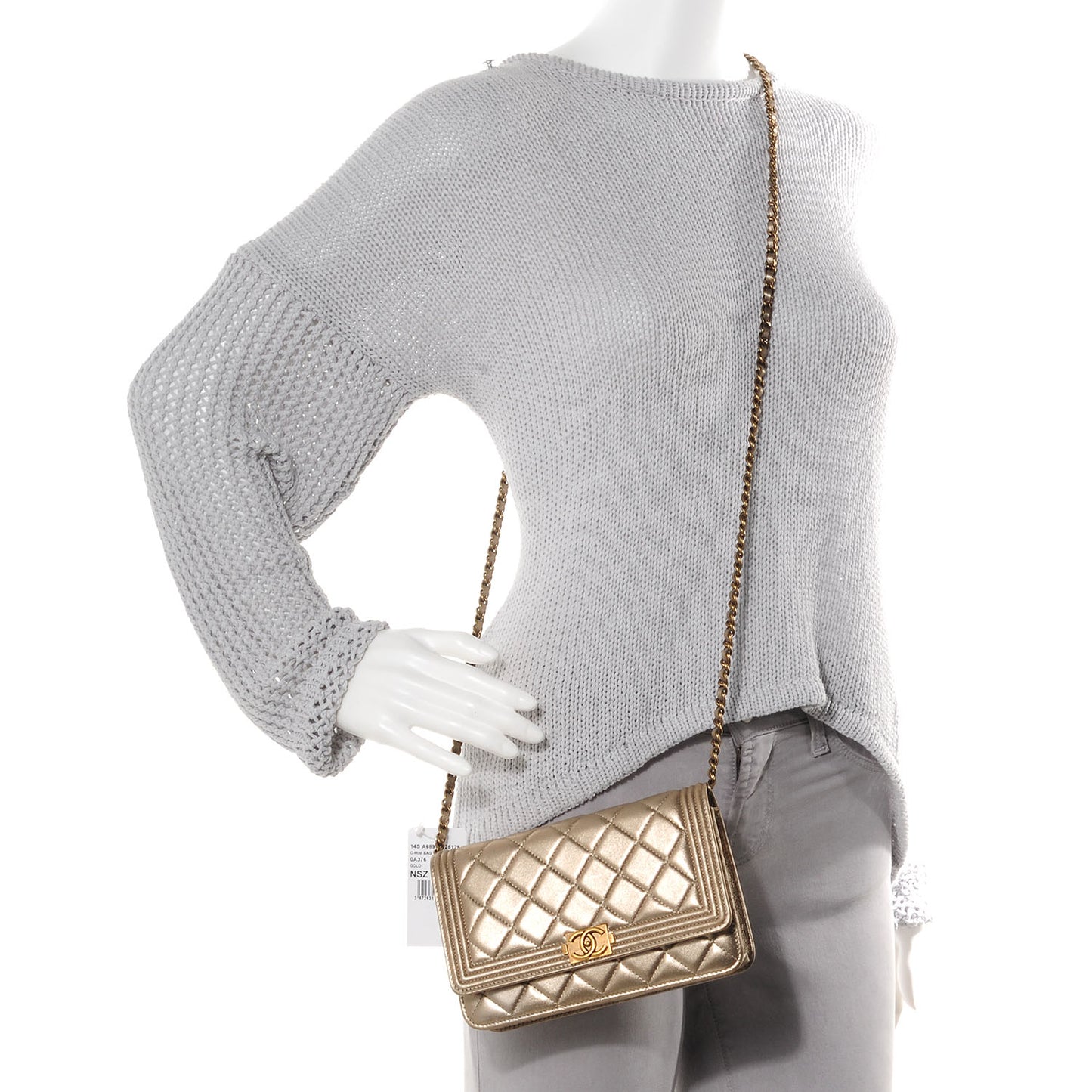 Metallic Lambskin Quilted Boy Wallet On Chain WOC Gold