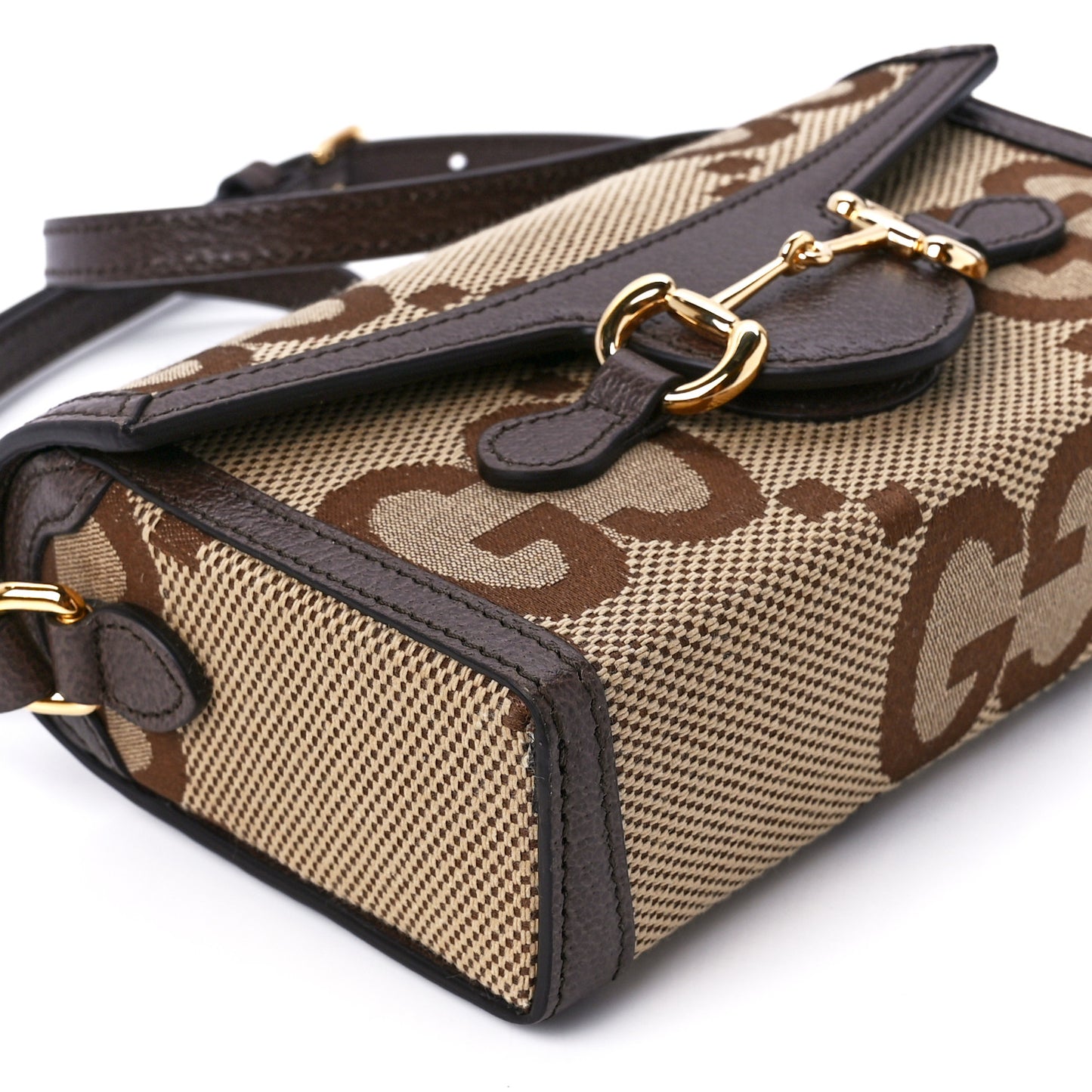 Monogram Jumbo GG Textured Dollar Calfskin Mini Horsebit 1955 Shoulder Bag Camel Ebony New Acero