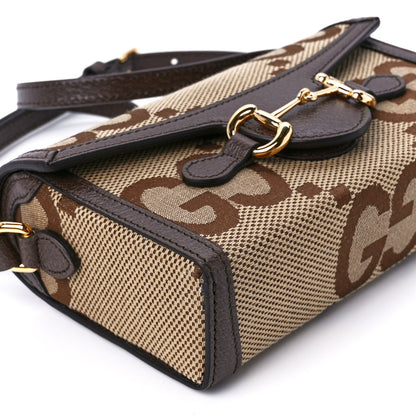 Gucci Monogram Jumbo GG Textured Dollar Calfskin Mini Horsebit 1955 Shoulder Bag Camel Ebony New Acero 10 of 11