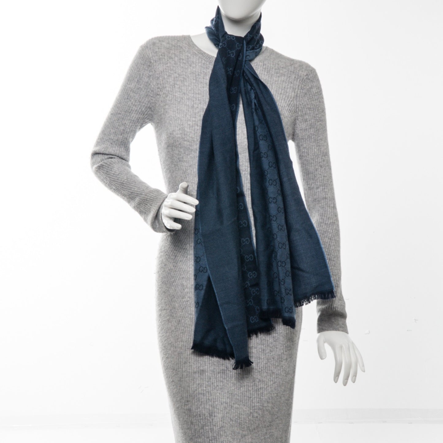 Wool Monogram Fringe Scarf Anthracite Navy Blue