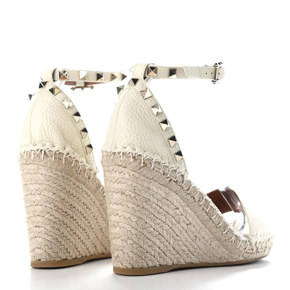 Valentino Garavani Grained Calfskin Rockstud Ankle Strap Espadrille 15/105mm Wedge Sandals 37 Light Ivory Natural 4 of 11
