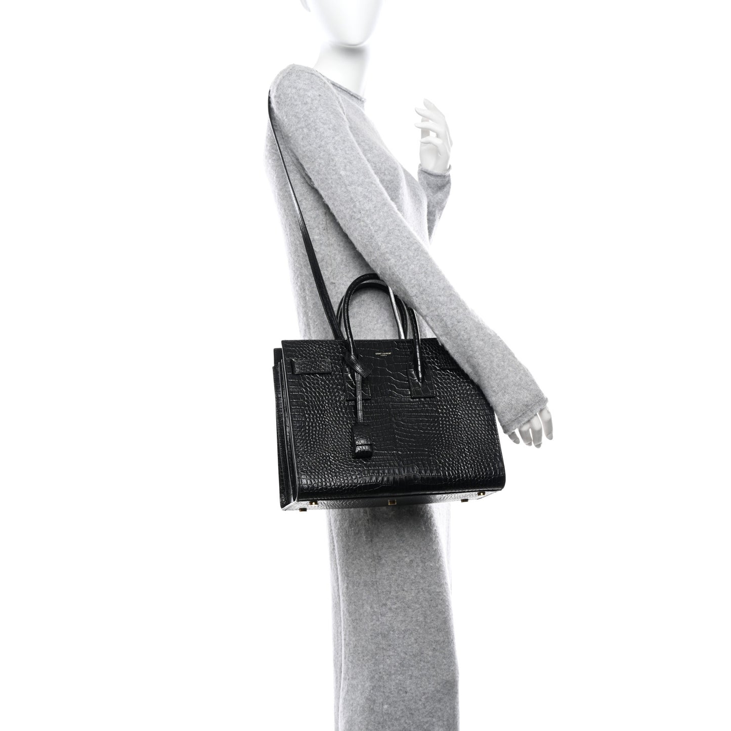 Calfskin Crocodile Embossed Small Sac de Jour Dusty Black