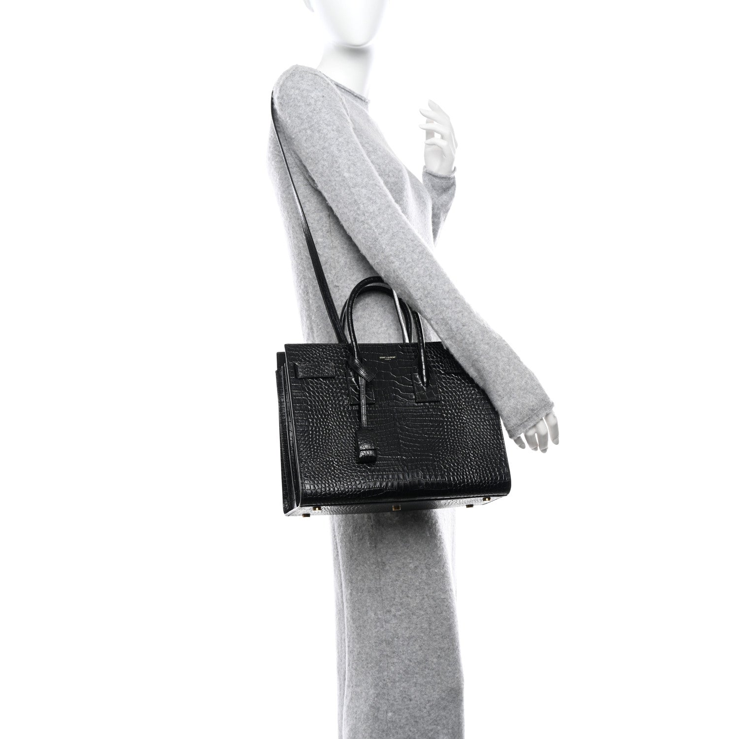 Saint Laurent Calfskin Crocodile Embossed Small Sac de Jour Dusty Black 2 of 11