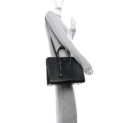Saint Laurent Calfskin Crocodile Embossed Small Sac de Jour Dusty Black 2 of 11