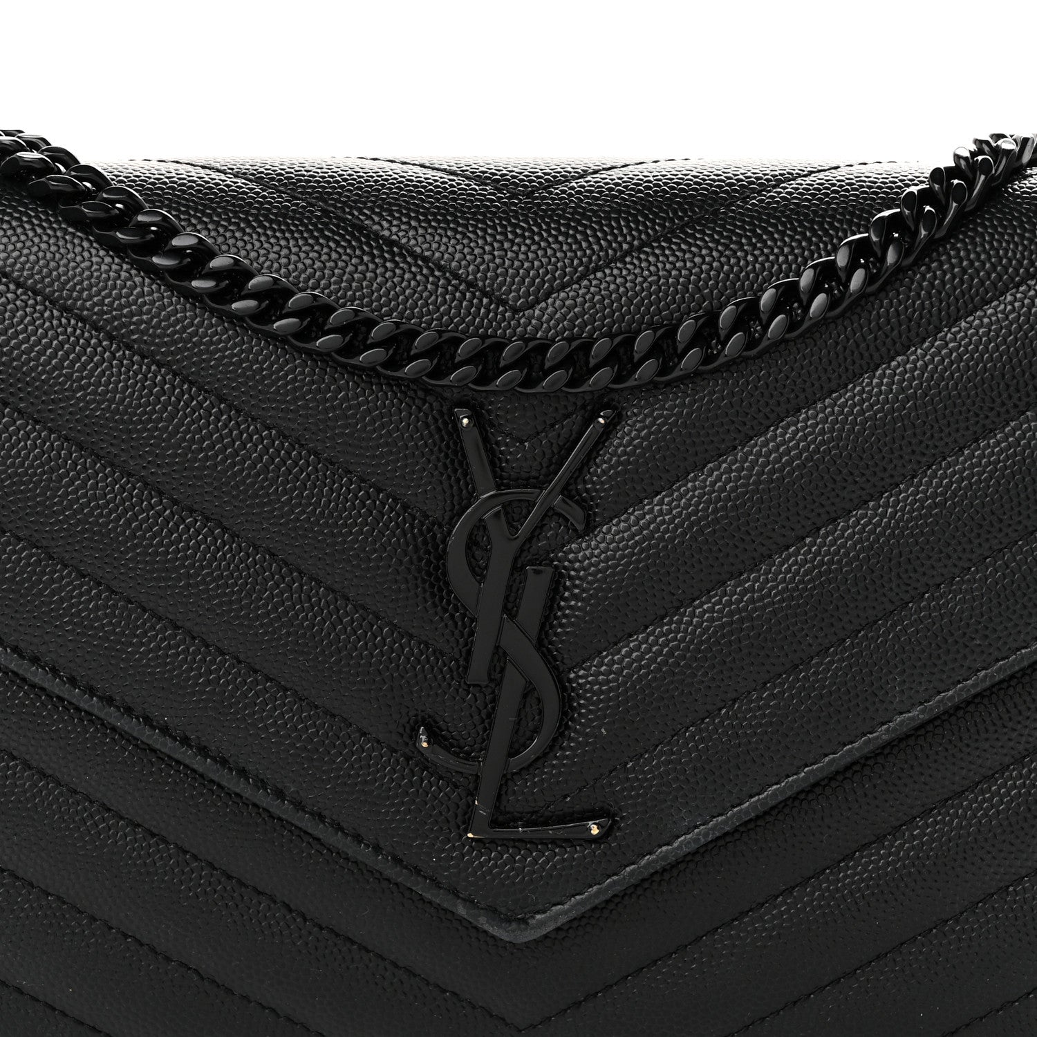 Saint Laurent Grain De Poudre Matelasse Chevron Monogram Monochrome Envelope Chain Wallet Black 8 of 10