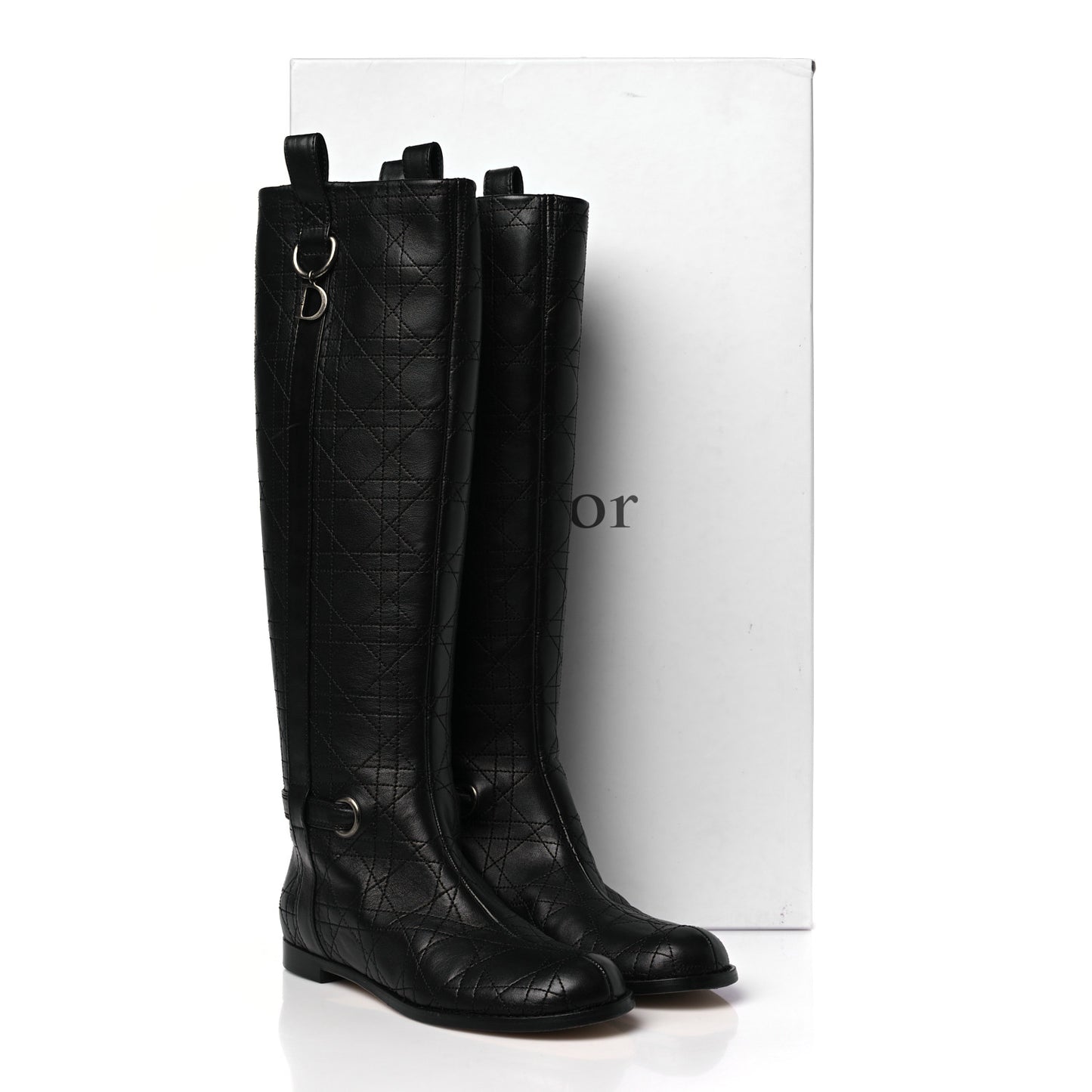Lambskin Cannage Tall Flat Boots 37.5 Black