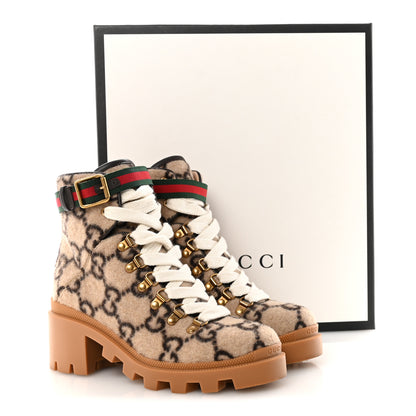 Gucci Covered Wool Big GG Monogram Womens Lace Up Combat Ankle Boots 36 Beige Ebony Cocoa 10 of 10