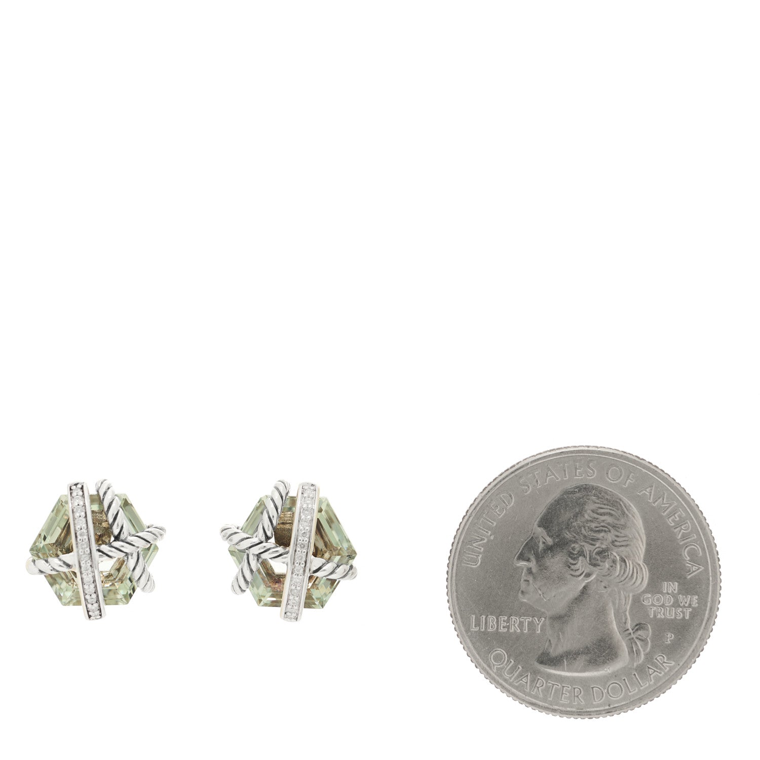 David Yurman Sterling Silver Diamond Prasiolite 10mm Cable Wrap Earrings 2 of 4