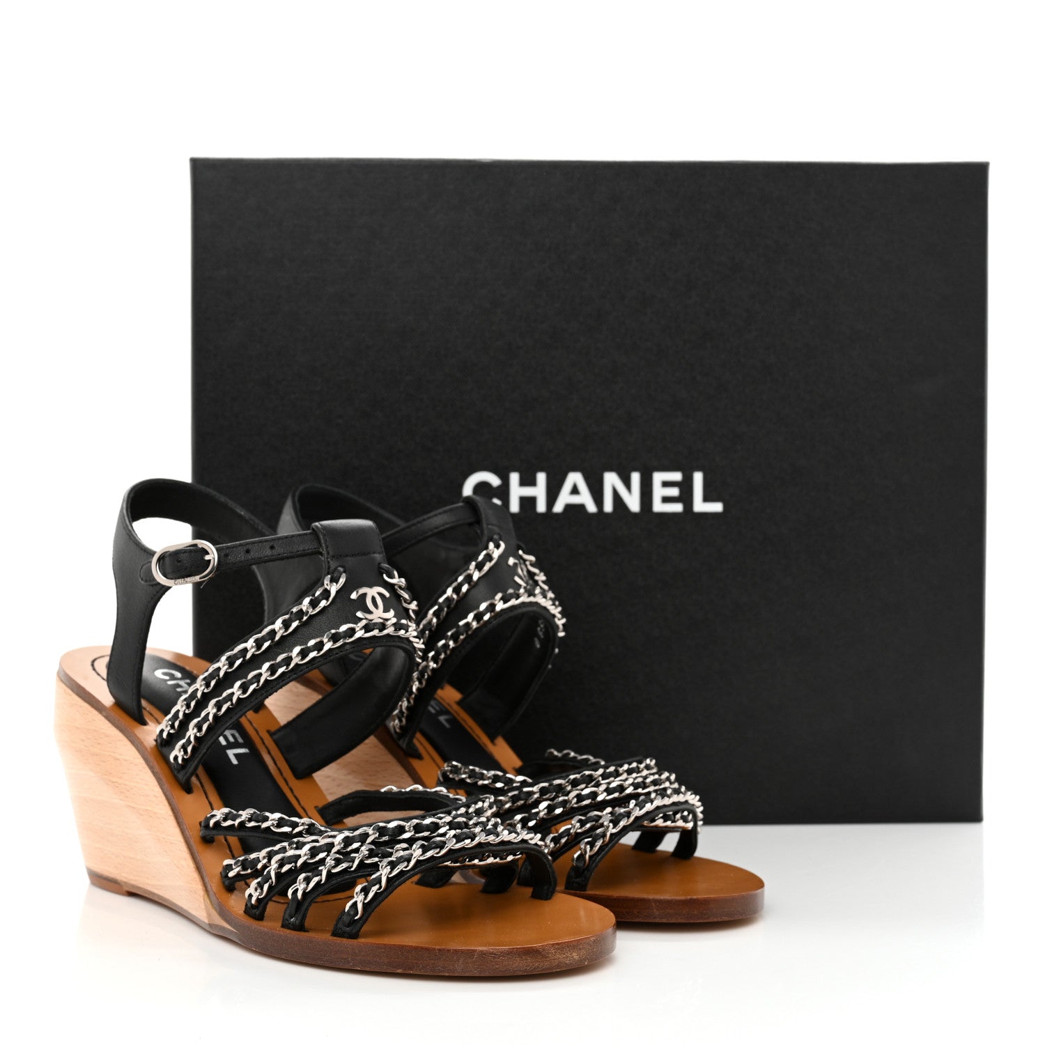 Chanel Lambskin Quilted Chain Wedge Sandals 36 Black 11 of 11