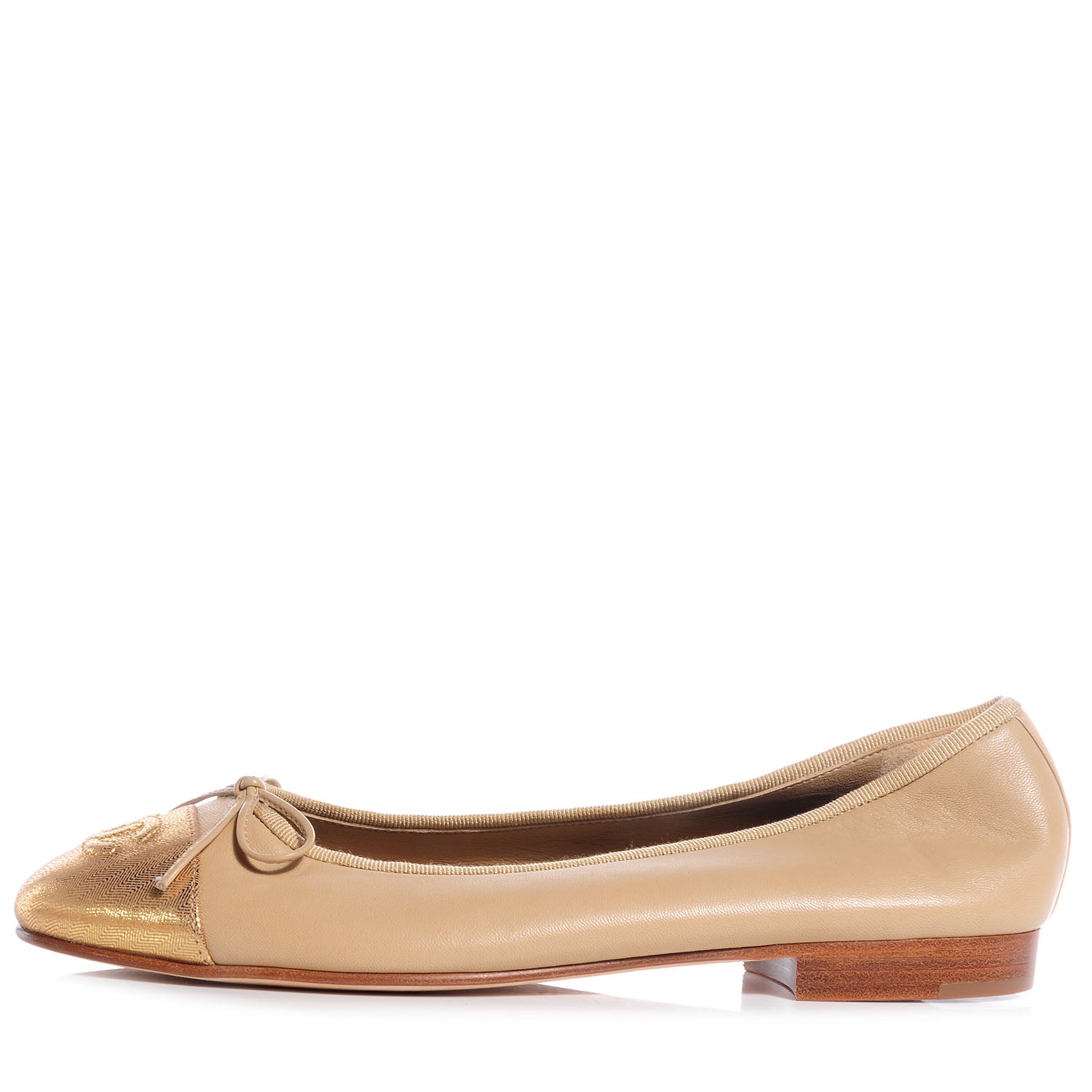 Chanel Leather Cap Toe Ballerina Flats 38 Beige Gold 1 of 7