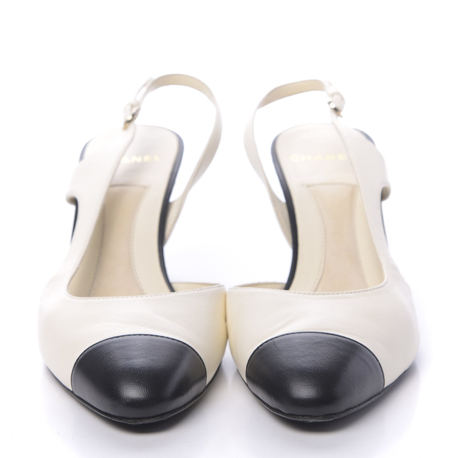 Chanel Calfskin Pearl Cap Toe CC Slingback Pumps 37.5 Ivory Black 2 of 12