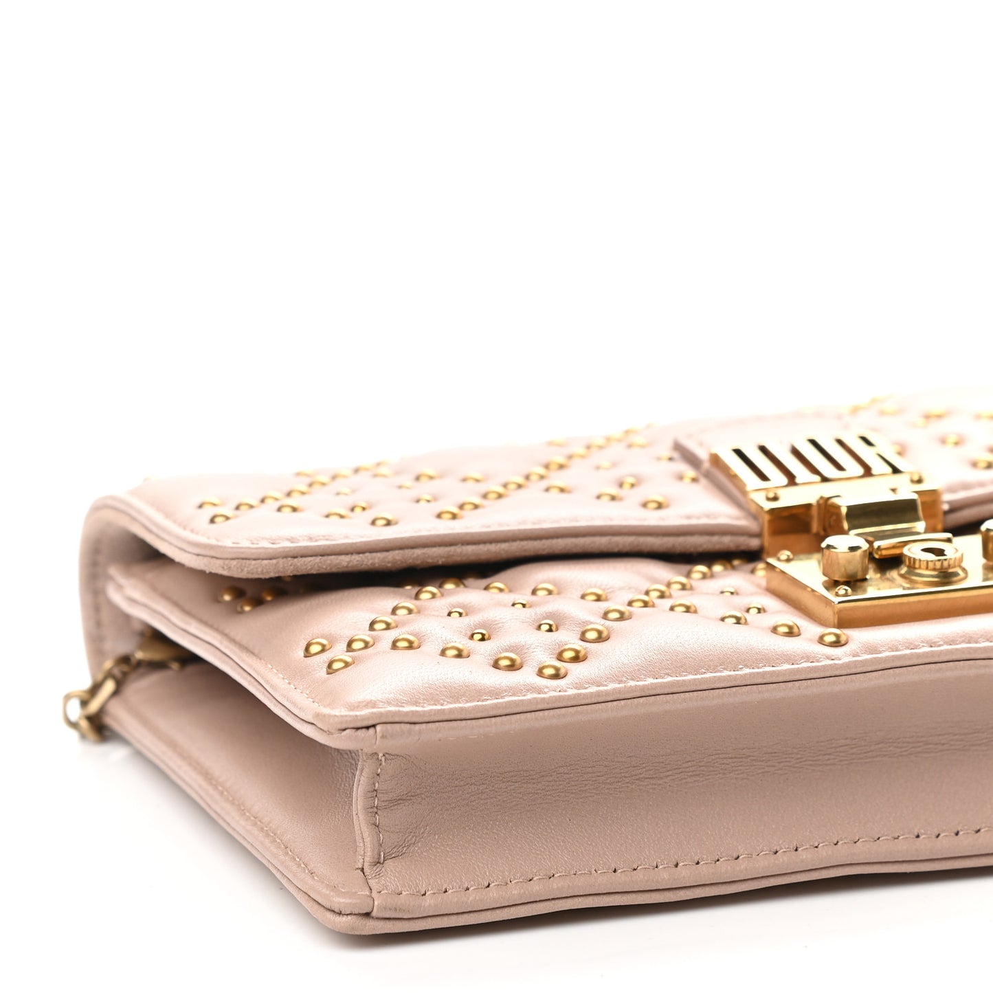 Lambskin Cannage Studded Dioraddict Wallet on Chain Clutch Nude