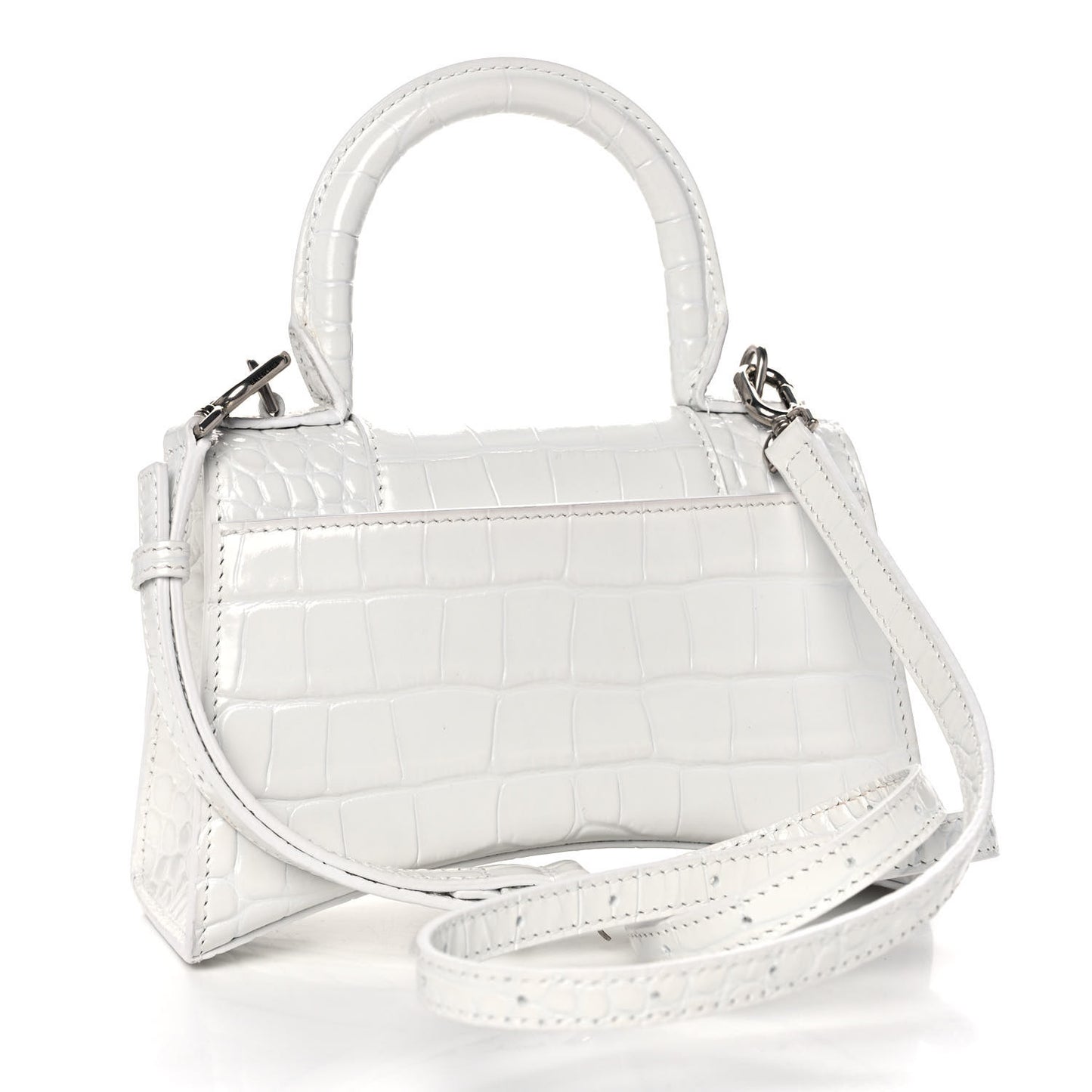 Shiny Calfskin Crocodile Embossed Hourglass Top Handle Bag XS White