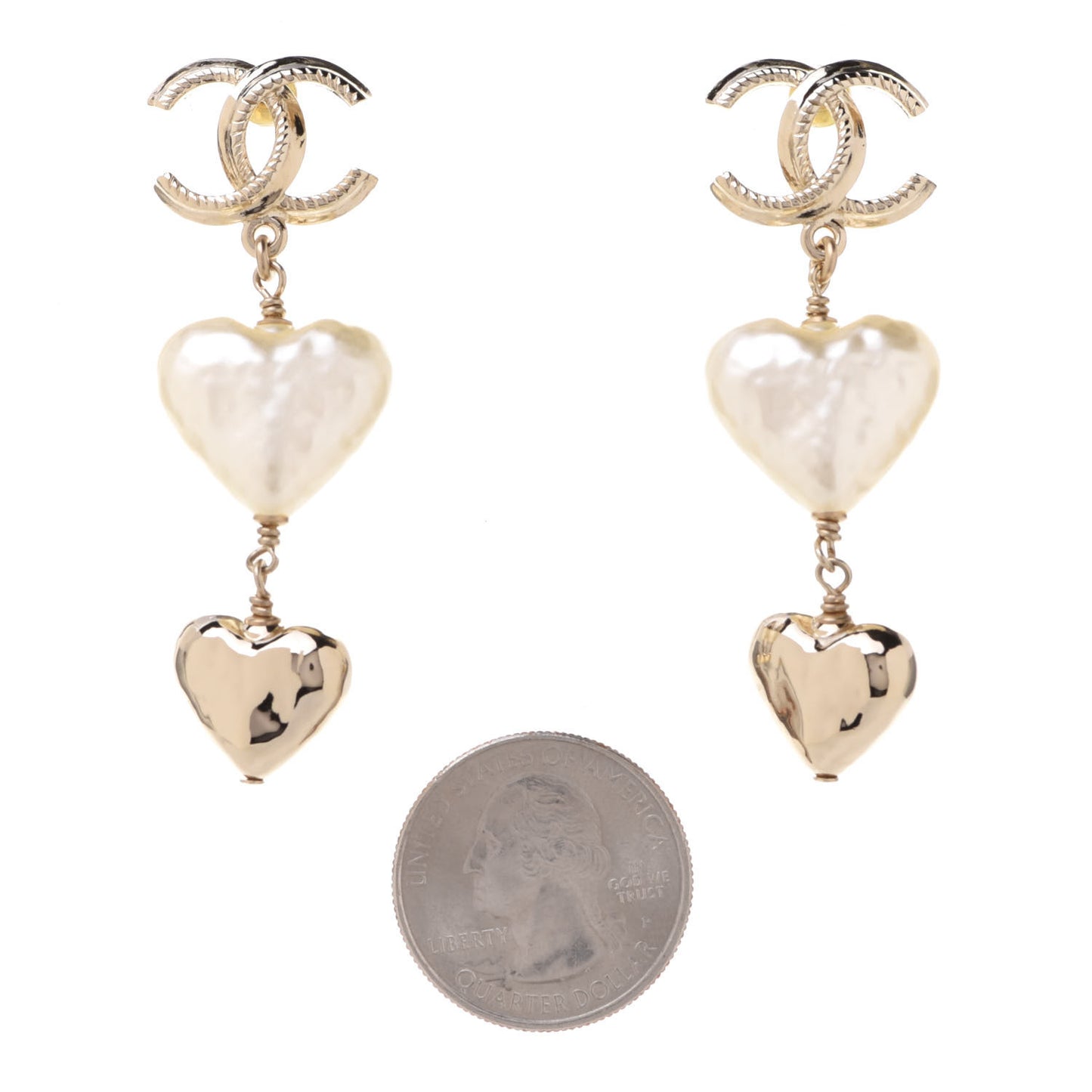 Pearl CC Double Heart Drop Earrings Gold