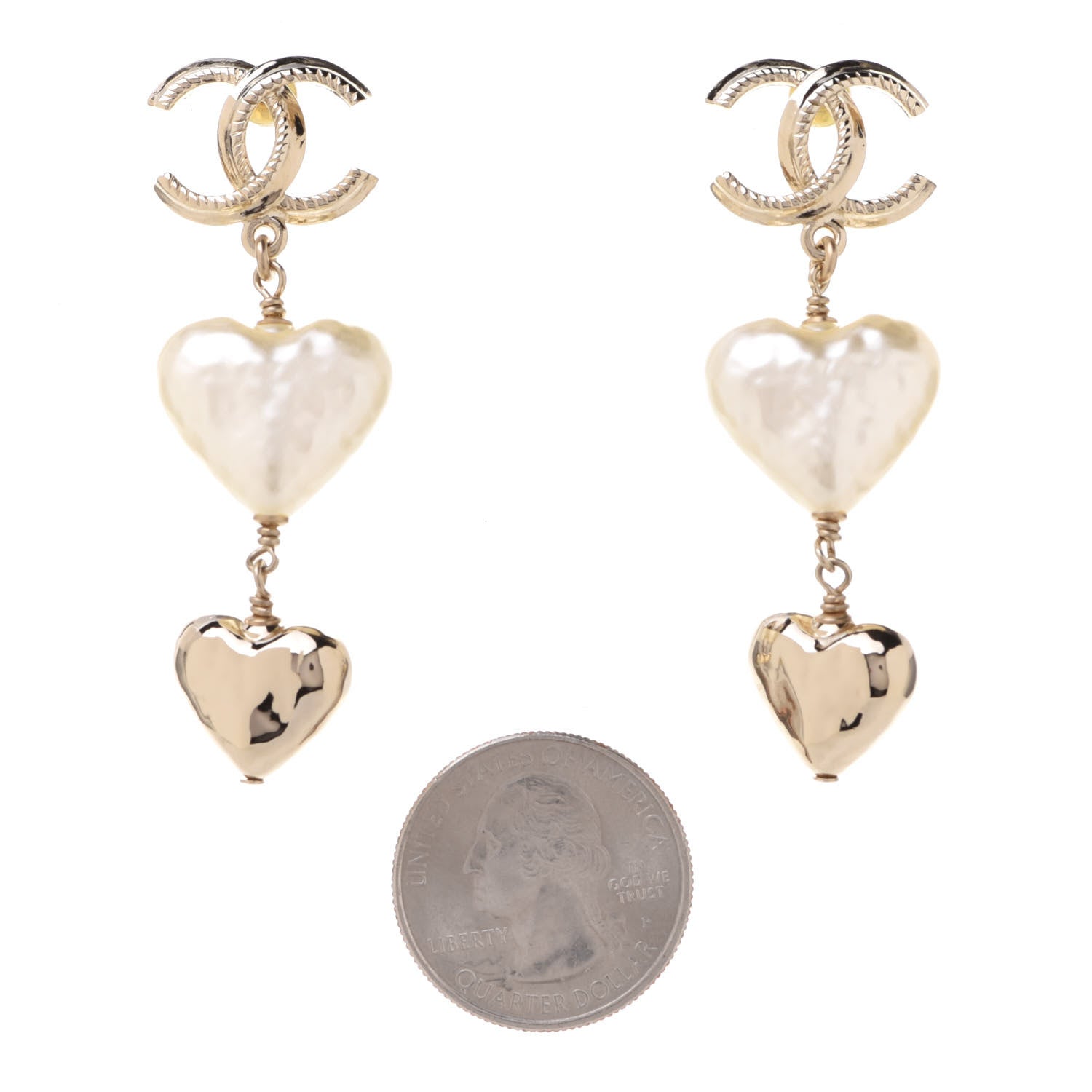 Chanel Pearl CC Double Heart Drop Earrings Gold 2 of 5