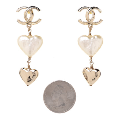 Chanel Pearl CC Double Heart Drop Earrings Gold 2 of 5