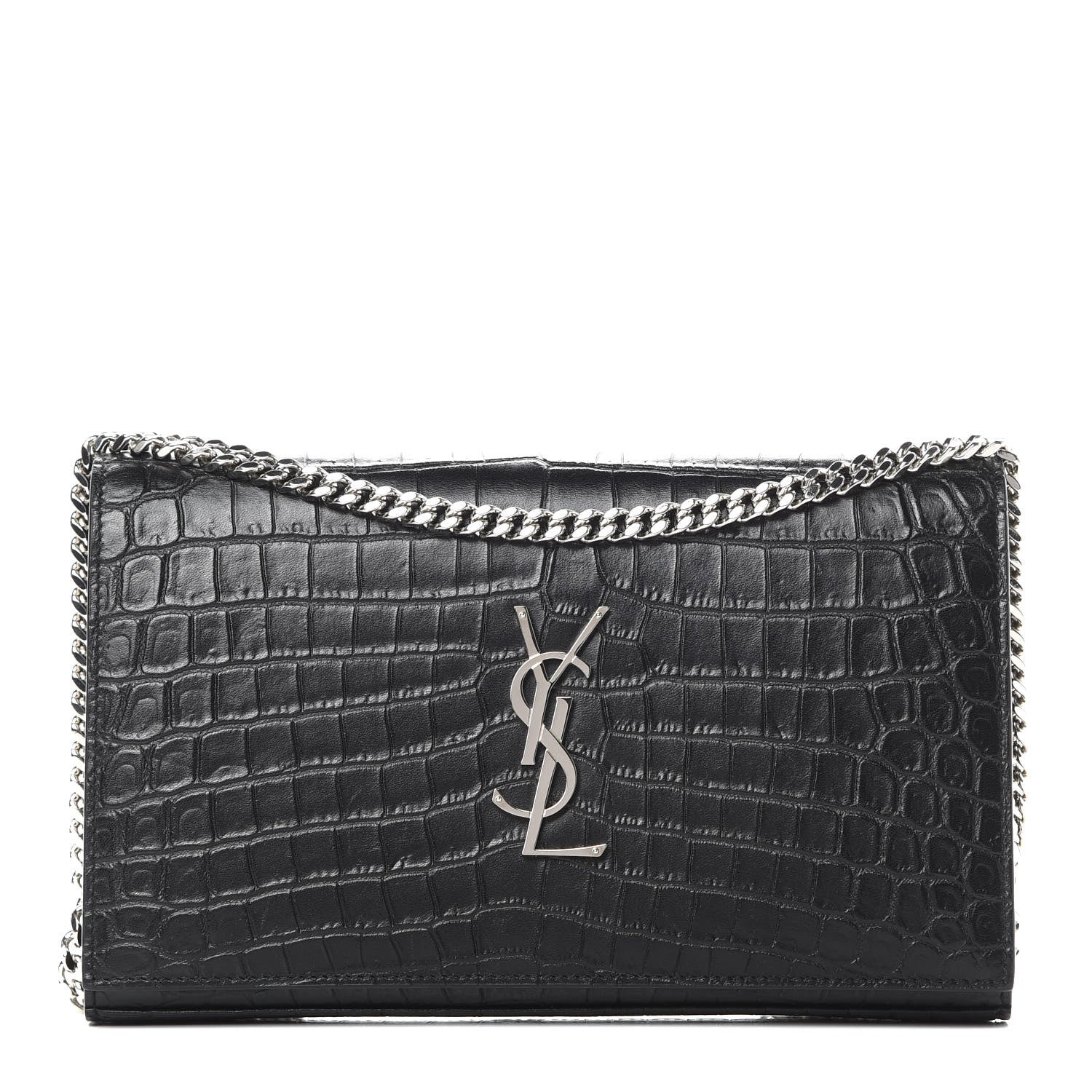 Saint Laurent Calfskin Crocodile Embossed Monogram Chain Wallet Black 1 of 13