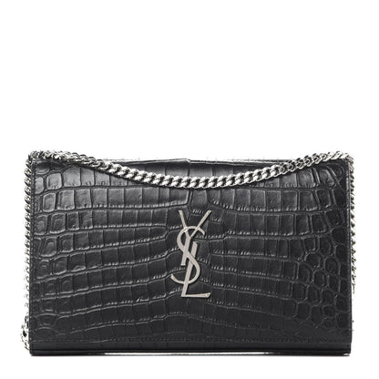Saint Laurent Calfskin Crocodile Embossed Monogram Chain Wallet Black 1 of 13