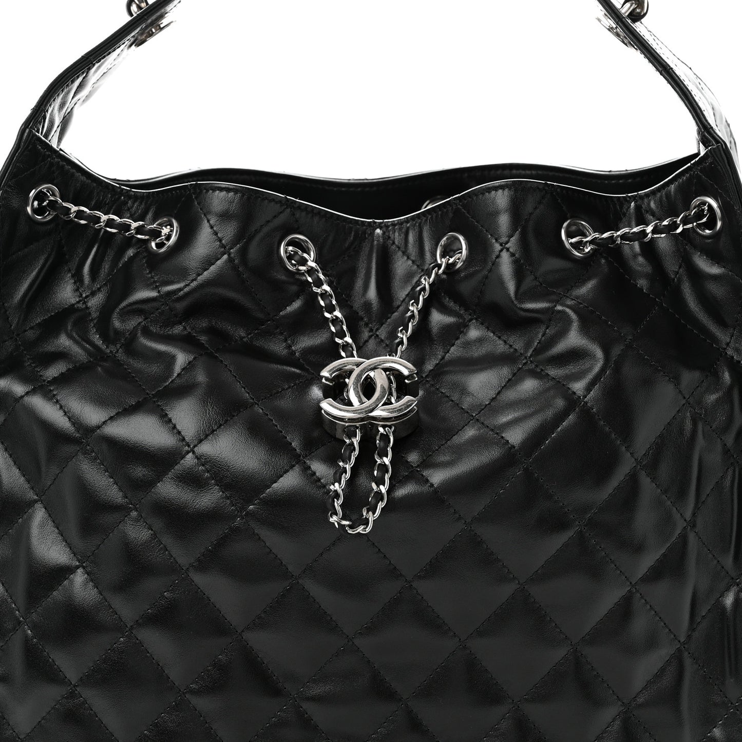 Shiny Crumpled Calfskin Quilted Medium Chanel 25 Handbag Black