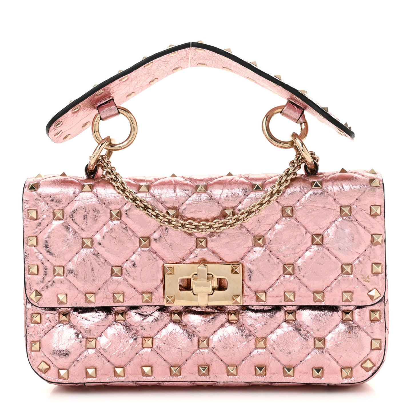 Metallic Wrinkled Lambskin Small Rockstud Spike Shoulder Bag Lipstick