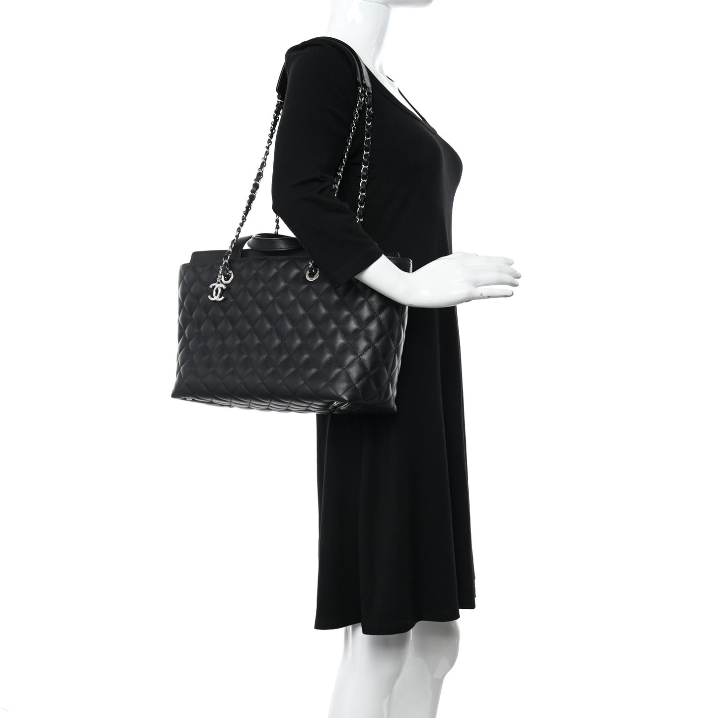 Calfskin Quilted Large Shopping Tote Black