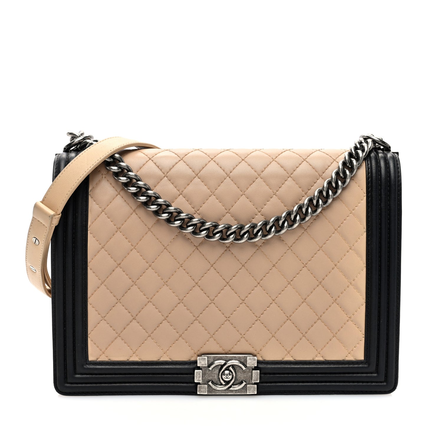 Lambskin Quilted Large Boy Flap Beige Black