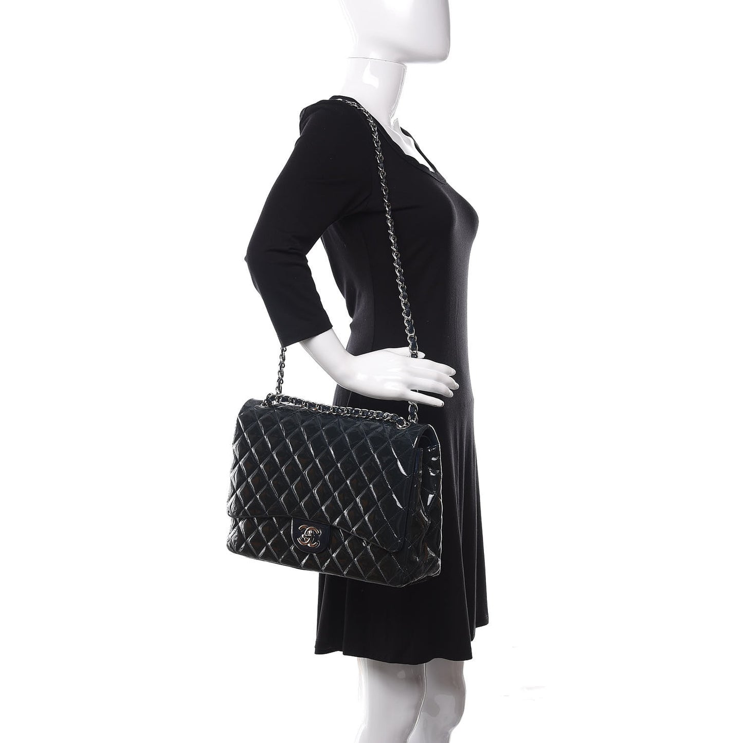 Patent Quilted Maxi Double Flap Navy Blue