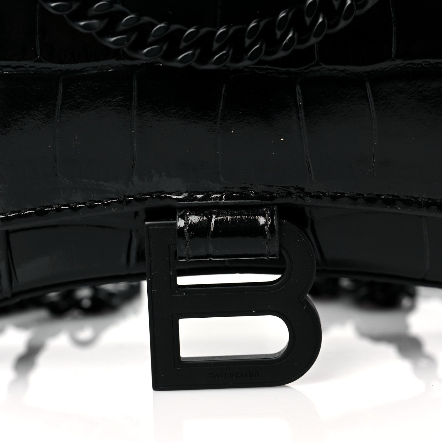 Balenciaga Shiny Calfskin Monochrome Crocodile Embossed Hourglass Chain Bag Black 7 of 9