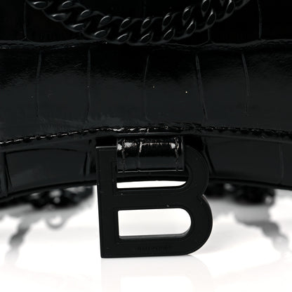 Balenciaga Shiny Calfskin Monochrome Crocodile Embossed Hourglass Chain Bag Black 7 of 9