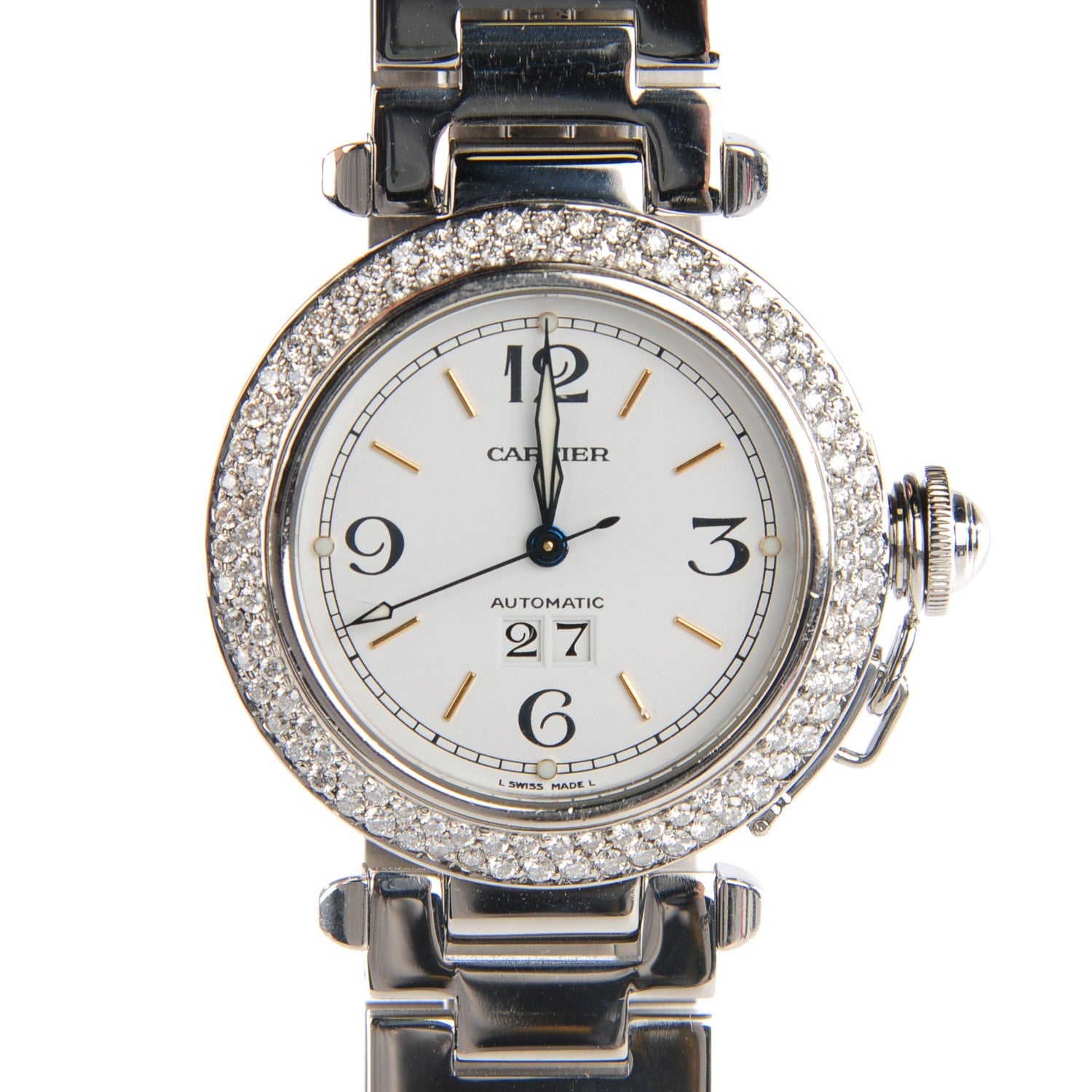 Cartier Stainless Steel Diamond Pave Bezel 35mm Pasha C Big Date Automatic Watch 1 of 8