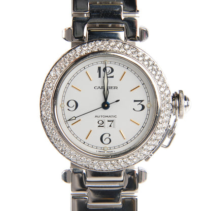 Cartier Stainless Steel Diamond Pave Bezel 35mm Pasha C Big Date Automatic Watch 1 of 8
