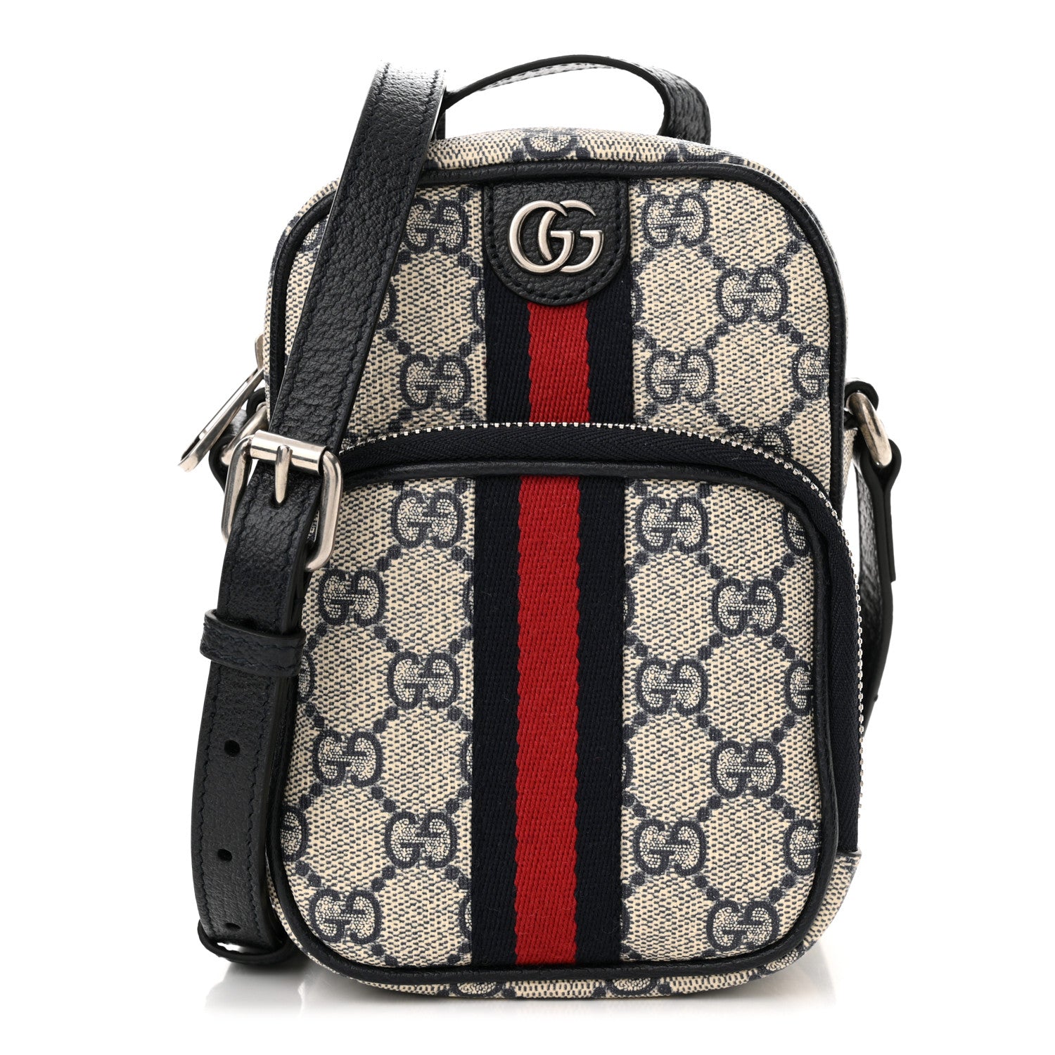Gucci GG Supreme Monogram Textured Dollar Calfskin Web Mini Ophidia Double Zip Messenger Bag Beige Blue 1 of 11