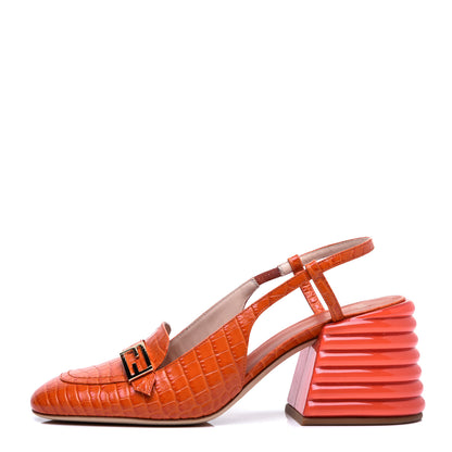 Fendi Calfskin Crocodile Embossed Promenade Slingback Loafer Pumps 41 Rust 1 of 8