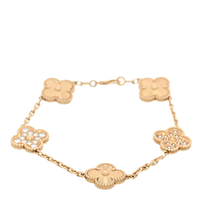 Van Cleef & Arpels 18K Yellow Gold Diamond 5 Motifs Guilloche Vintage Alhambra Bracelet 1 of 5