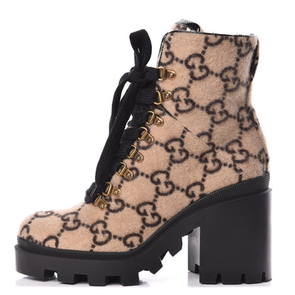 Gucci Covered Wool GG Monogram Womens Lace Up Combat Ankle Boots 39 Beige Ebony Black 1 of 14