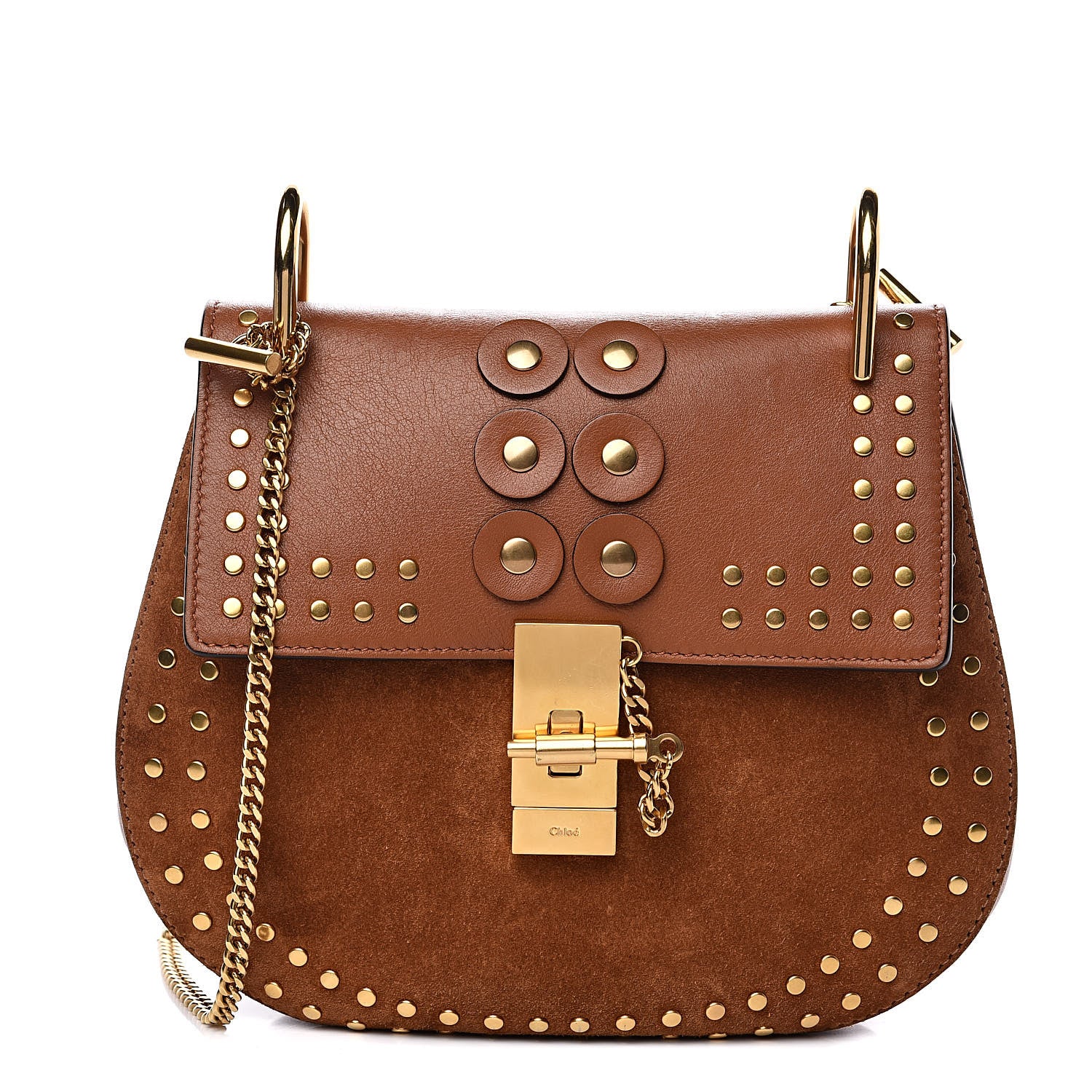 Chloe Suede Smooth Calfskin Studded Drew Shoulder Bag Caramel 1 of 11