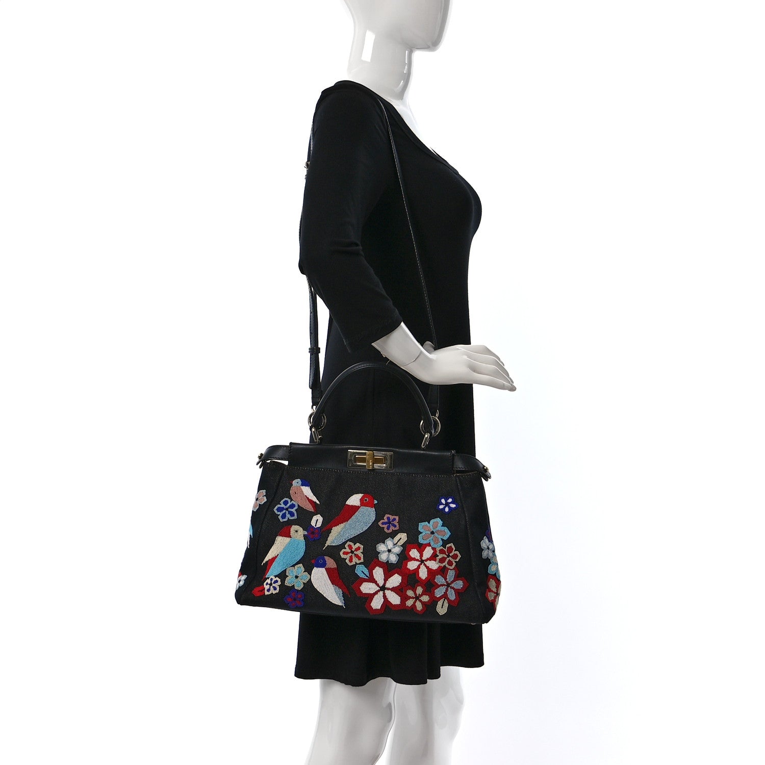 Fendi Denim Vitello Dolce QuTweet Beaded Medium Peekaboo Iconic Satchel Dark Blue Multicolor Black 2 of 9