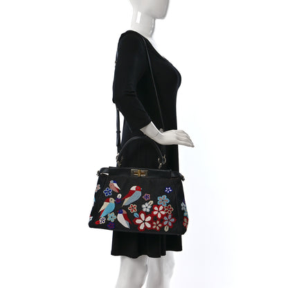 Fendi Denim Vitello Dolce QuTweet Beaded Medium Peekaboo Iconic Satchel Dark Blue Multicolor Black 2 of 9