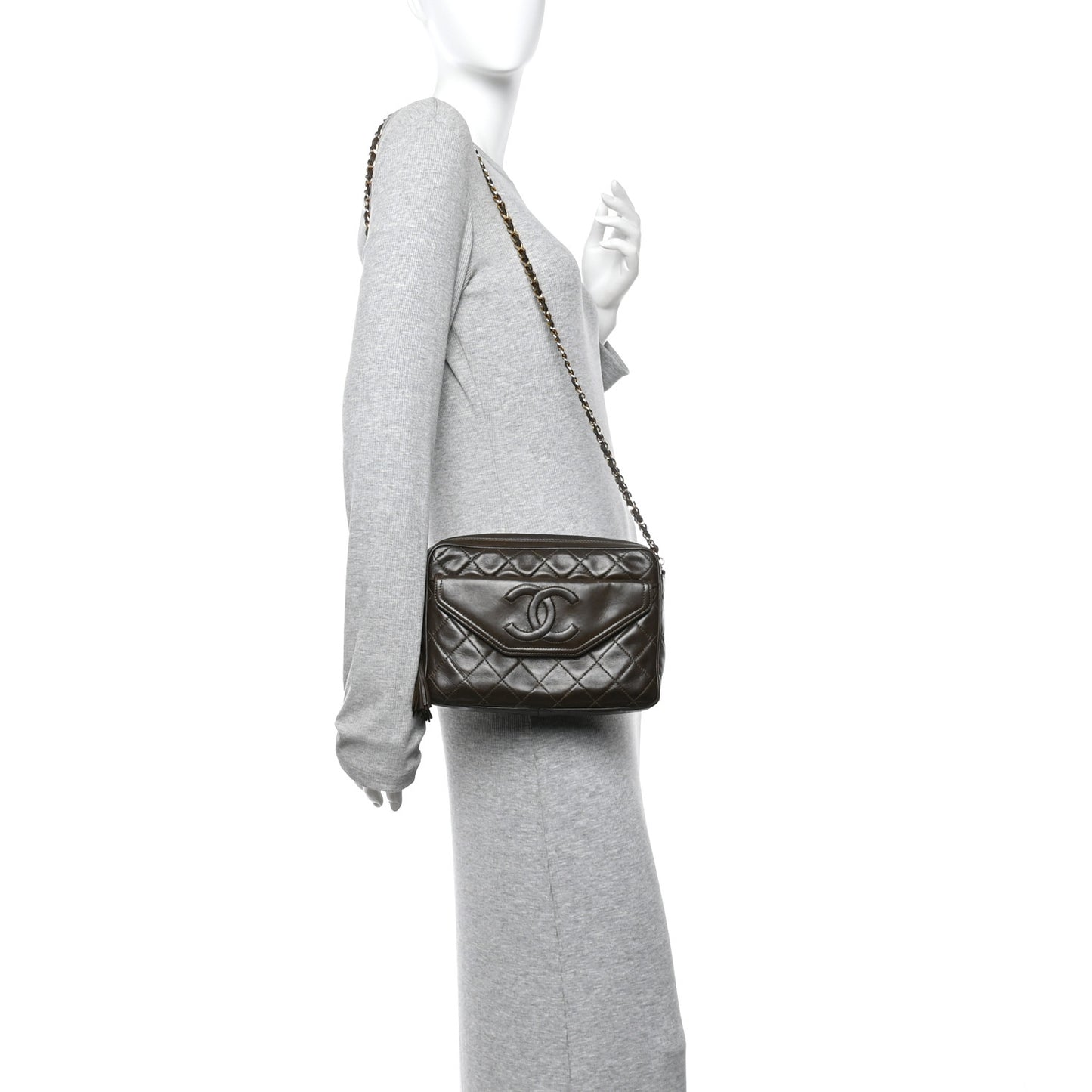 Lambskin Quilted Tassel Camera Case Brown
